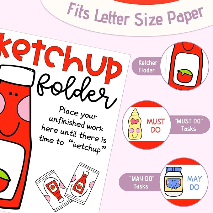 MotiMind 6 Pcs Ketchup Folders with Pockets 11.5 x 9.5 inches Cute Coated Paper 2 Pocket Folders for School Office Business Home