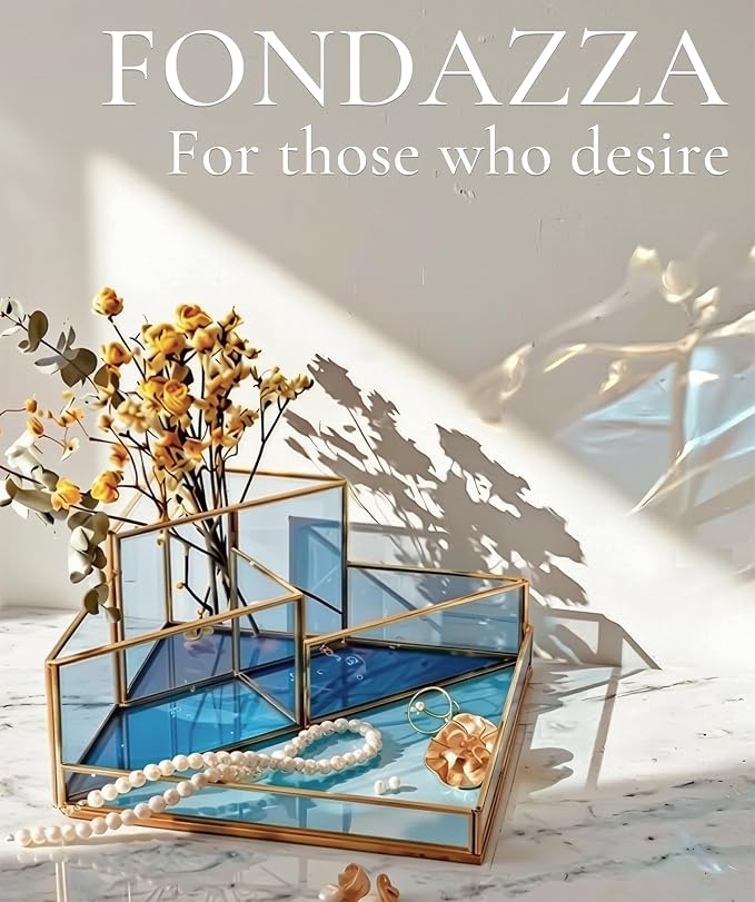 Gold & Blue Glass Desk Organizer - Elegant Office Decor, Aesthetic Makeup Brush Holder & Skincare Organizer, 4-Compartment Pen Holder, Pencil Cup, Vanity & Cosmetic Storage, Desk Accessories for Women