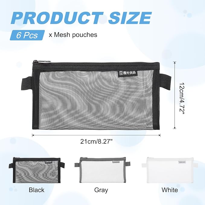 PATIKIL 6Pack Mesh Zipper Pouch Bags, 8.3" x 4.7" Nylon Mesh Pouch Waterproof Cosmetic Bags Pencil Holders Documents Pocket for Organization Travel Accessories Office Supplies, Black