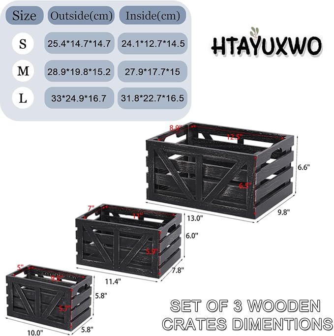 Storage Crates Nesting Wooden Boxes 3 Pack,Wood Storage Crates with Handles,Rustic Farmhouse Crates,Wooden Storage Container for Display