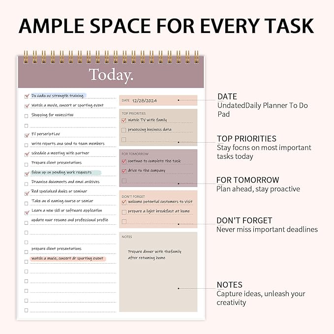 KMQOY To Do List Notepad - 2 Pack Daily Planner Pad Undated 52 Sheets Spiral Today Planner Note Pad Premium Thick Paper 6.5" x 9.8" For Work and Personal Organized - brown