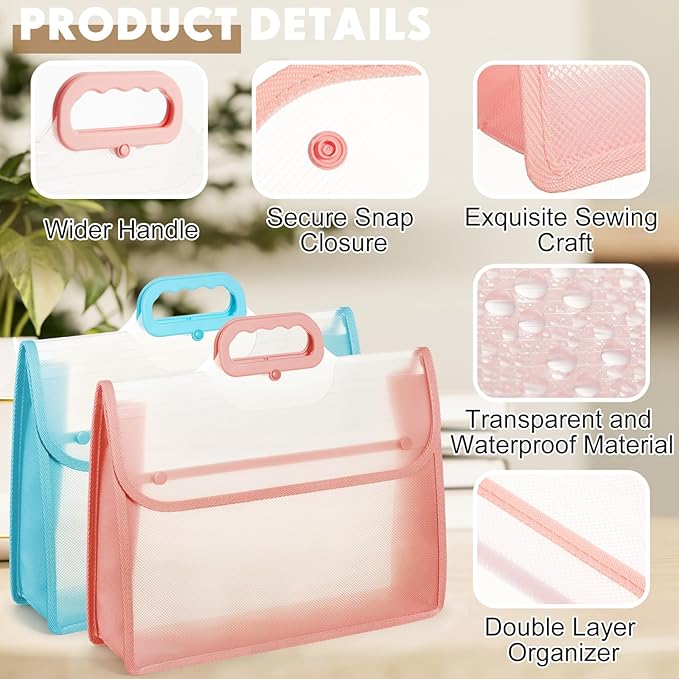 4 Pack Plastic Expanding File Folder with Handle Dividers Large Capacity Transparent Document Organizer Pouch Colorful Envelopes with Snap Closure Fit Letter/a4 Size for School Office Home