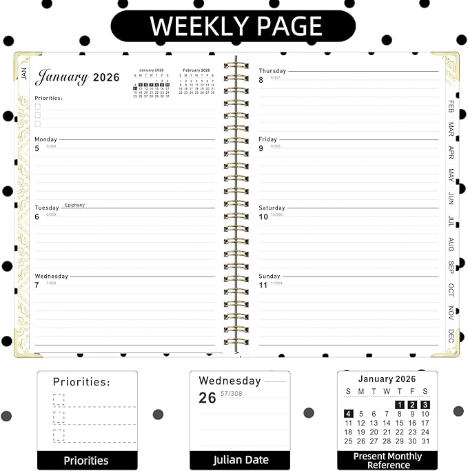 2026 Monthly Planner, Jan.2026 - Dec.2026 Weekly Planner 6.25"x8.5" with Page Tabs, Calendar Hardcover with Inner Pocket, Elastic Band, Twin-Wire Binding, Bookmark, Black White Polka Dots