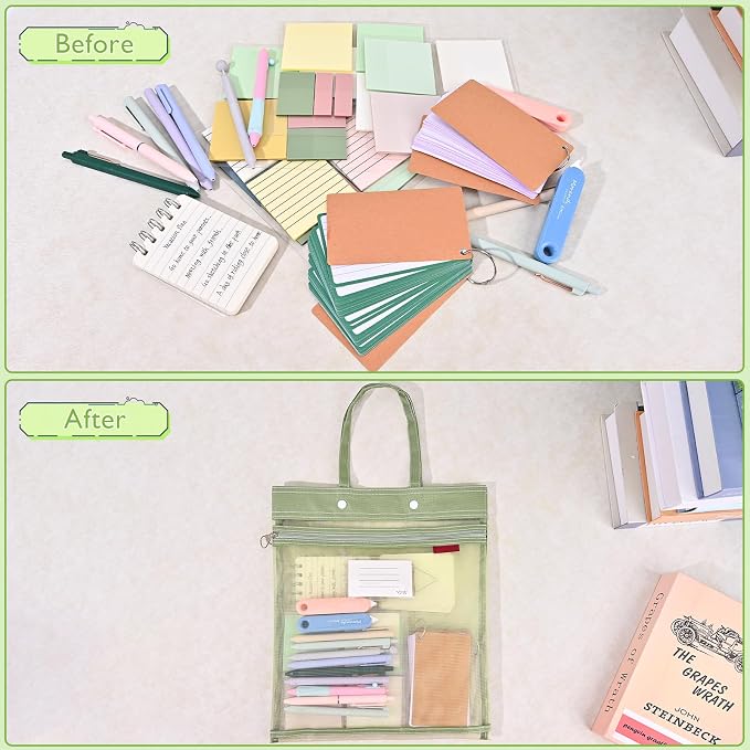 2-Pack Mesh Zipper Pouch Bags with Handles, Double-Layer Nylon Document Bag with Label Pocket, File Storage Pouches for Office Supplies School Travel (Green)