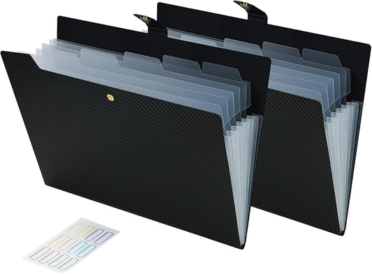 2PCS Expanding File Folder 7 Pocket Letter Size Accordion File Organizer with Labels Portable Document Paper Bill Receipt Organizer for School Office Supplies, A4 Size, Black