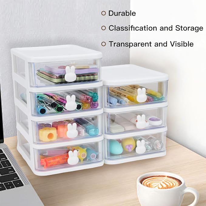 CEYAZYE Small Desk Organizer with Drawer, Stackable Makeup Organizer White, Mini Plastic Storage Box for Desktop, Bathroom Counter or Dresser, School, Home, Office (3 Tier)