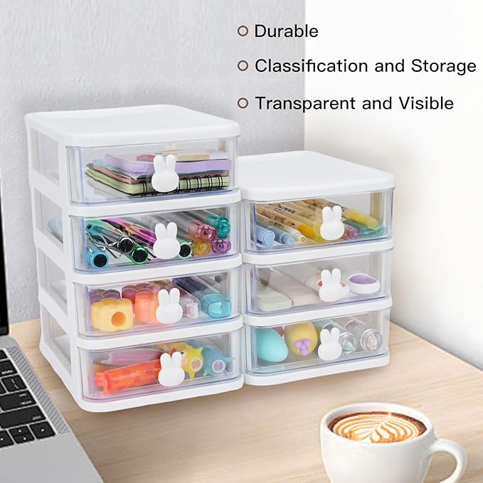 CEYAZYE Desk Organizer with Drawer, Stackable Makeup Organizer White, Small Plastic Storage Box for Desktop, Bathroom Counter or Dresser, School, Home, Office (4 Tier)