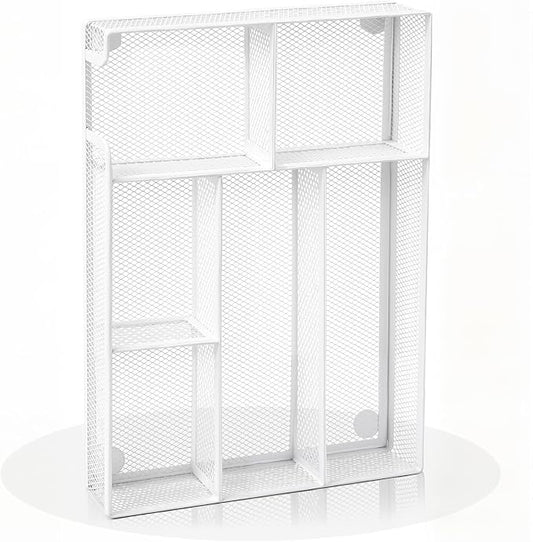 Desk Drawer Organizer, Office Drawer Divider Organizer Tray with 6 Compartments, Metal Mesh Desktop Organization and Accessories for Stationery Makeup Kitchen Toolroom School ＆ Office (Large-White)