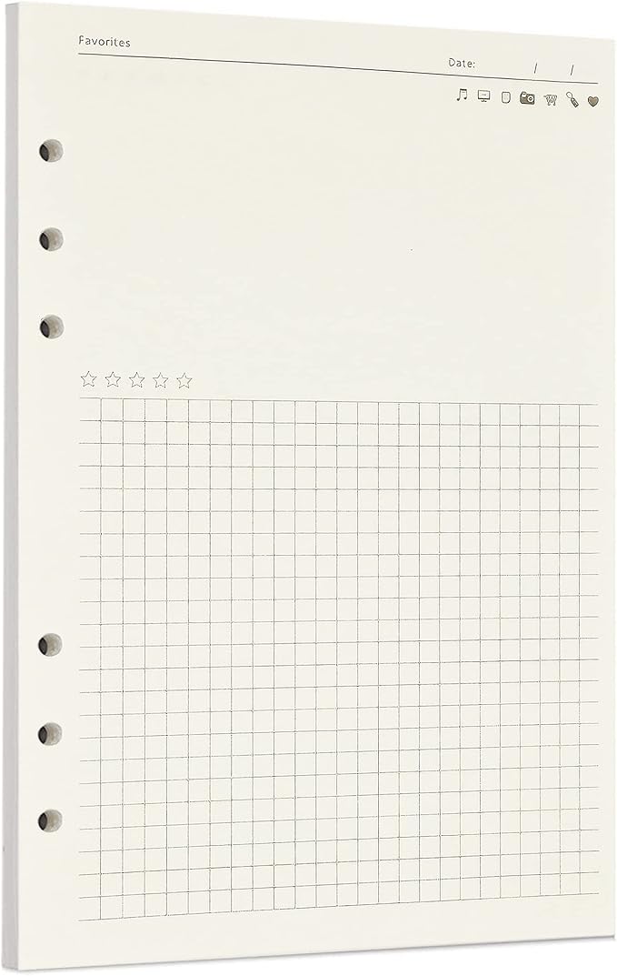 Zelten 1 Pack A5 45 Sheets/90 Pages FavoritesLoose Leaf Punched Paper Refills Paper for 6 Hole Binder Personal Organizer Diary Notebook Refillable Planner