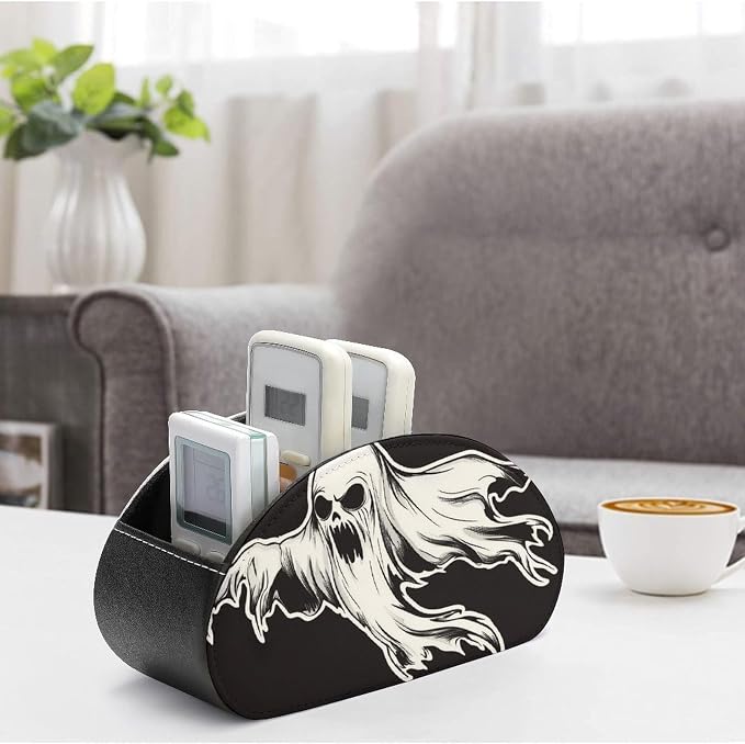 Creepy Ghost Remote Control Holder with 5 Compartments Leather TV Remote Caddy Remote Storage Box Desktop Organizer for Pen/TV Remotes/Media Controllers/Office Supplies