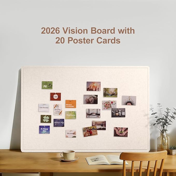 Lightomorrow Vision Board 36x24 Inches, Thicken Felt Pin Board for Daily Goals Planning and Personal Inspiration with 20 Pushpins and 20 Postcards, Oatmeal