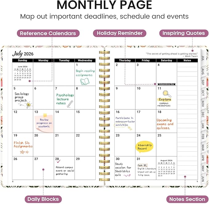 Planner 2026-2027, Academic Monthly and Weekly Calendar Planner for Women, July 2026 - June 2027, Hardcover Pretty Agenda Planner Book with Tabs, Spiral Daily Organizer for School Office Home Supplies, 6.3" x 8.5" - Butterfly Patchwork