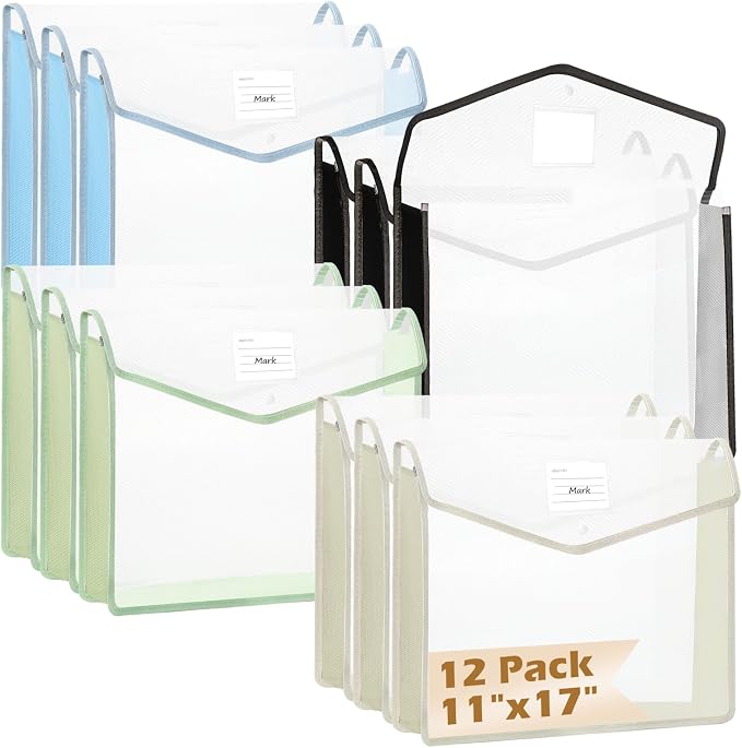 12 PCS A3 Expandable Tabloid Size Document Folder Plastic Expanding Wallet Envelopes with Snap Black Green Pink Beige Expanding File Wallet A3 with Label File Organizer Folders for Office School