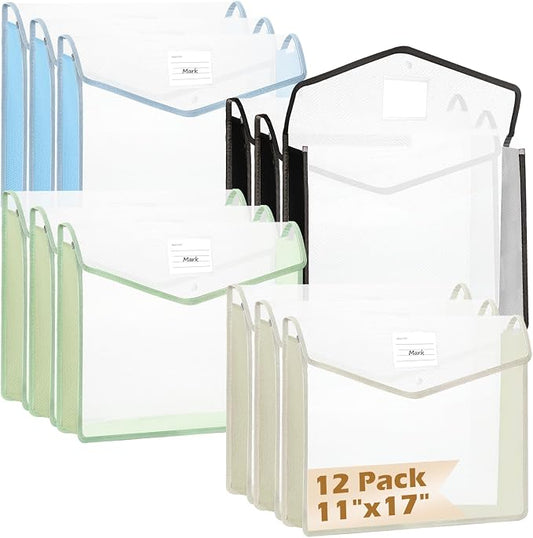 12 PCS A3 Expandable Tabloid Size Document Folder Plastic Expanding Wallet Envelopes with Snap Black Green Pink Beige Expanding File Wallet A3 with Label File Organizer Folders for Office School