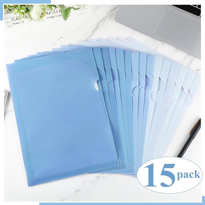 Kisston 15 Pack Blue Clear Plastic Folders Sleeves Project Pockets for Letter Size 12.1x8.8, L-Shaped Transparent File Jacket for School Office Desk Supplies