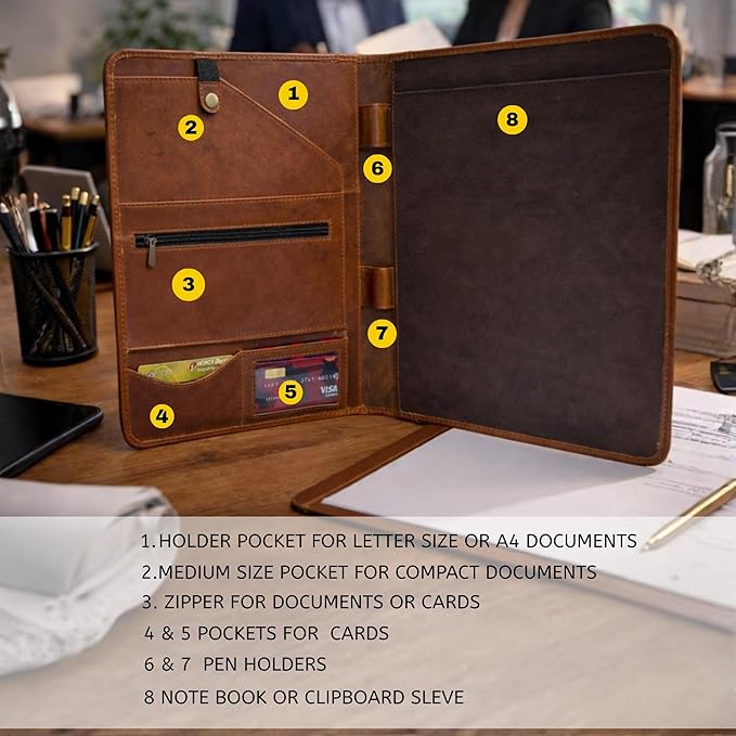 Leather Portfolio Padfolio Organizer – Professional Resume & Interview Portfolio Folder with Zipper Pocket, Card Slots & Pen Holders – Genuine Leather Business Portfolio Binder for Documents