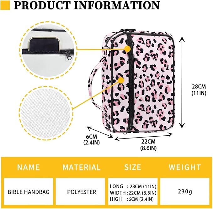 Leopard Pink Pattern Bible Covers for Women & Men, Bible Case and Organizer Bible Carrying Case with Zippered Pocket Bible Protective Bag