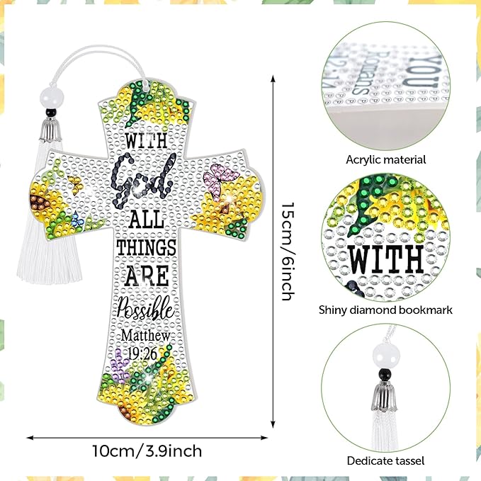 8 Pieces Christian Bible Verse Diamond Art Bookmarks 5d Christian Beaded Bookmark Acrylic Tassel Bookmark for DIY Making Beginners Adults Arts Craft Supplies (Floral)