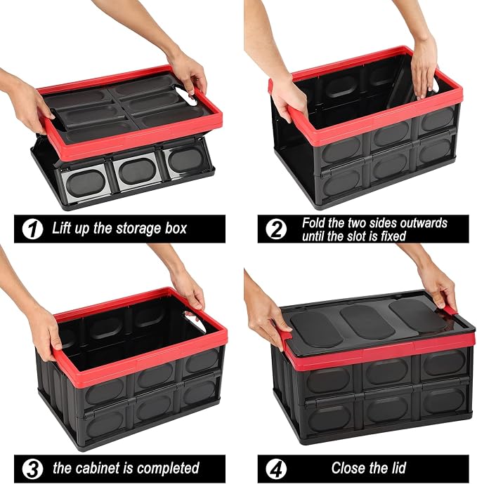 Phyllia 28L-Black Plastic Storage Crates, Pack of 2 Collapsible Plastic Crates Bins Basket, Stackable Storage Boxes Container with Lid for Car Home Office Kitchen Clothes Shoes
