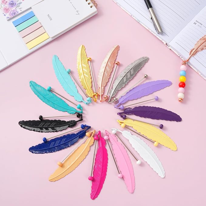 15 Pcs Beadable Bookmarks DIY Feather Metal Bookmark Bars for Beads and Charms, Blank Pendant Bookmarks for Teachers Students, Book Lovers Craft Supplies
