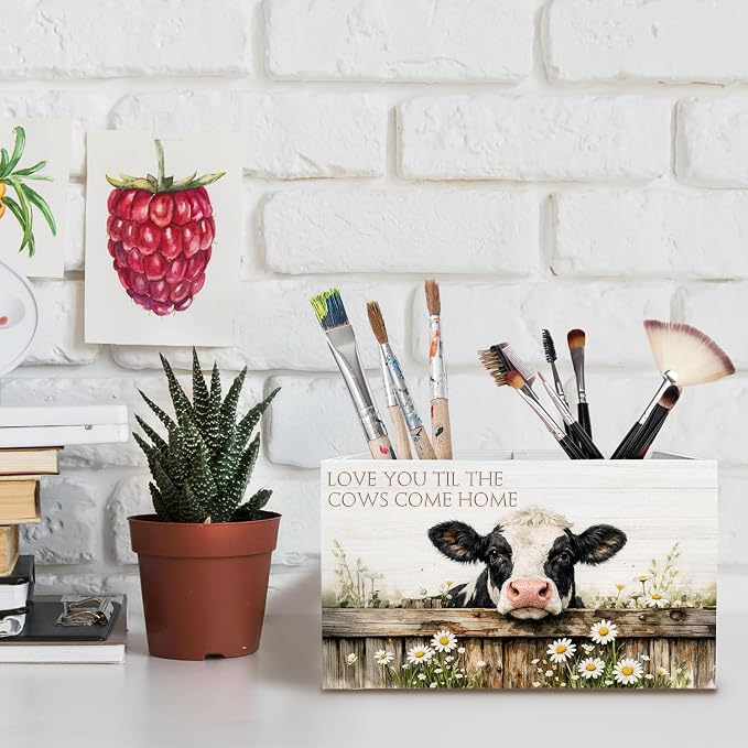 Farmhouse Daisy Floral Cow Pen Holder for Desk, Cow Lover Gifts Pencil Organizer, Love You Til the Cows Come Home Wooden Box Sign Desk Decor for Kids Girls Room Nursery Decoration