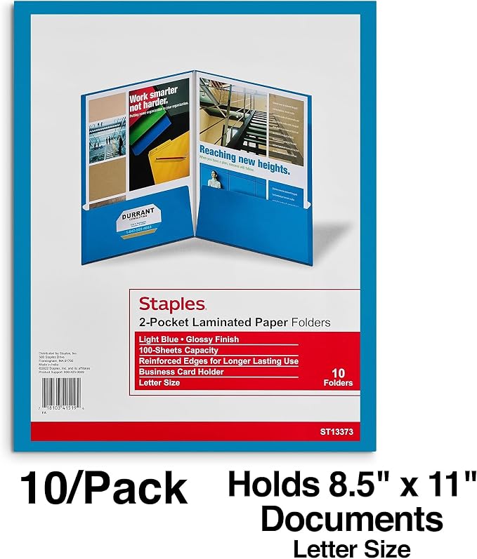 Staples 2‑Pocket Laminated Paper Folders, Letter Size File Folders for School & Office Organization, Light Blue, 10‑Pack