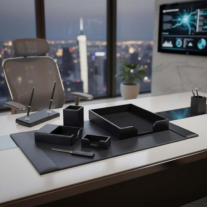 Dacasso Bonded Set Luxury Leather Desk Pad & Desk Organization Essentials, 7 Piece, Black