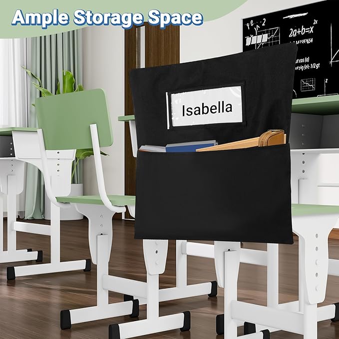 Chair Pockets for Classrooms 12 Pack,15 x 14 inch Black Chair Back Buddy Pockets with Name Slot & Tags, Back of Chair Organizer for Classroom Chairs Seat Storage