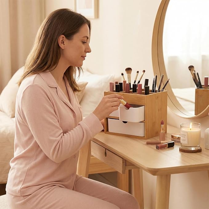Bamboo Office Desk Organizer with 3 Drawers Wood Makeup Organizer Dresser Cosmetic Box Organizer for Home with Adjustable Dividers