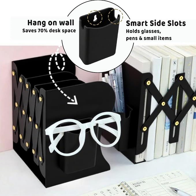 Book Ends for Shelves,Metal Bookends,Book Ends Scalable with Pen Holder(Black)