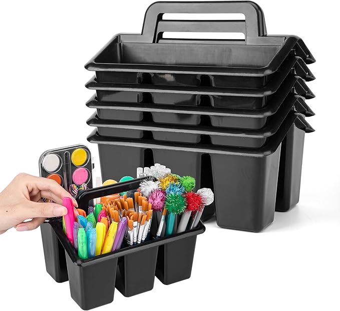 6 Pack Plastic Classroom Caddy For School,Kidsroom,Pencil Holder,Portable Art Craft Caddy Organizer With Handle,Cleaning Caddy Organization For Shower Room（Black