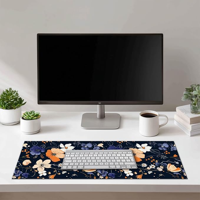 HOMETITUTE Large Mouse Pad 31.5 x 11.8 Inch Dark Floral Desk Mat Extended Keyboard Mousepad Non Slip Waterproof Desk Pad with Orange White Purple Flowers for Home Office Gaming