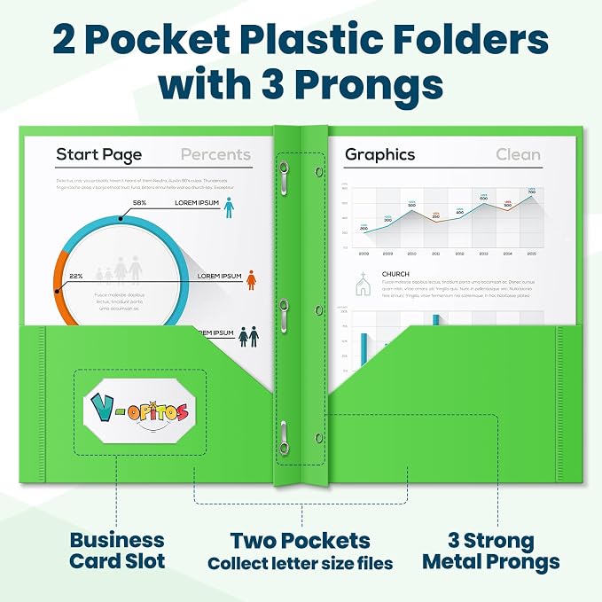 V-Opitos 36 Packs 2 Pocket Folders with 3 Prongs Fastener Clasps, Bulk Heavy Duty Plastic Folders, Multicolor Files Folders in 6 Colors for School and Office