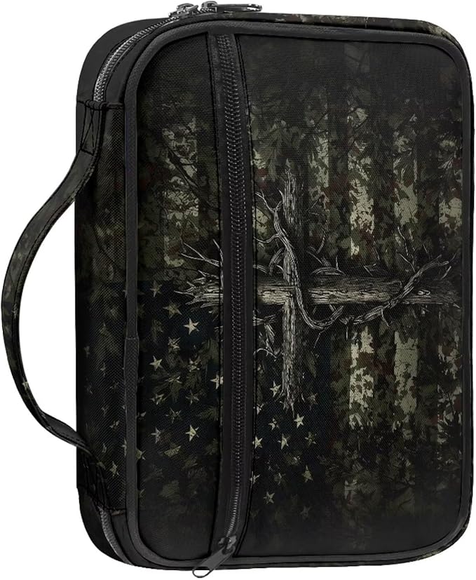 Cross American Flag Bible Covers for Women Men Zippered Bible Carrier Book Bag Church Bag Bible Protective with Handles Christian Gifts, Green Camo Print