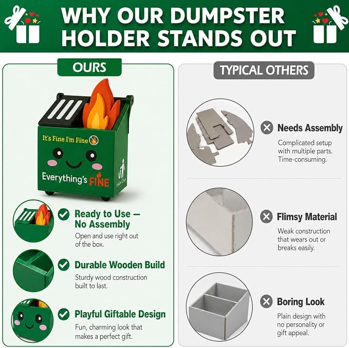 Desk Dumpster Fire Pen Holder – Everything’s Fine Funny Office Desk Decor, Mini Trash Can Pencil Holder Organizer with Flame Note Cards, Stress Relief White Elephant Gag Gift for Coworker