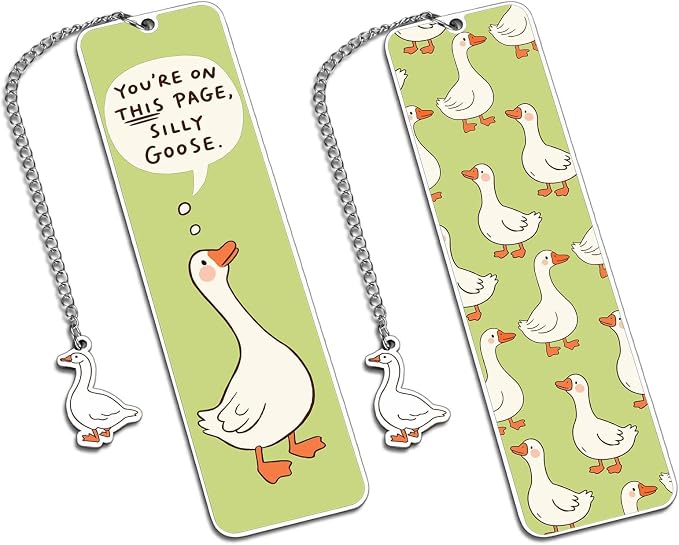Green Stuff Cute Bookmarks for Women Girls Kids Silly Goose Metal Bookmark Funny Book Lovers Gifts for Readers Book Lovers Women Book Marks for Reading Womens Kid Girls Page Holders for Reading 2-Side