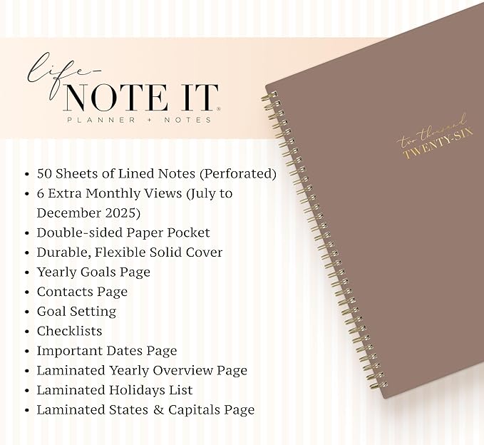 Blue Sky Life - Note it® Planning Calendar + Notes, Weekly/Monthly Layout, Safety Wirebound (Solid Latte- 2026, 8.5" x 11")