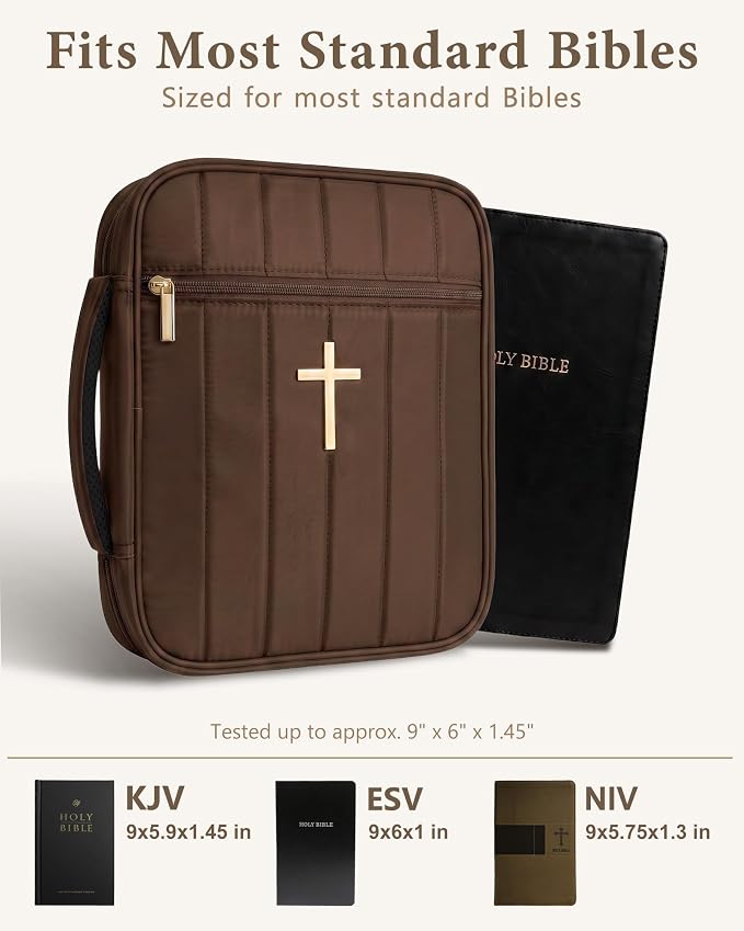 Wuflyover Bible Bag for Women with Study Set, Quilted Bible Cover Case with Handle, Bible Carrying Case for Church, Tabs, Notes, Pens and Highlighters, (Brown+Study Accessories)