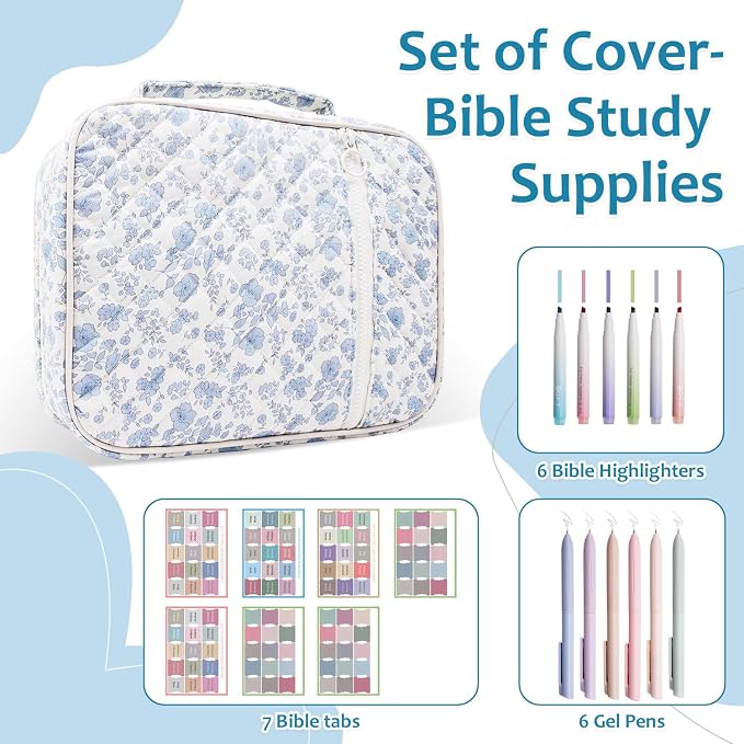 Bible Cover Case For Women,Large Bible Bag with Study Supplies,Quilted Bible Carrying Case for Girls,Portable Bible Case with Highlighter, Pens,Tabs,Bible Study Gifts for Women