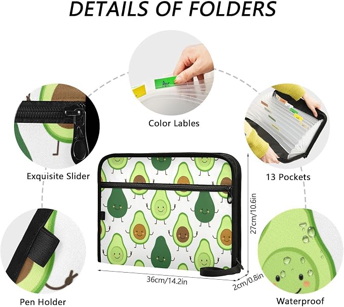 Cartoon Avocado Characters 13 Pockets Expanding File Folder with Sticky Labels Accordion File Folder Document Organizer Letter Size A4 Papers Expandable File Keeper