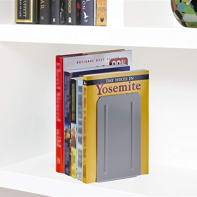 Acrimet Bookends for Shelves, Non-Skid Book Holder, Heavy Duty Book Stopper, Steel Metal Book Ends Storage for Home, Library, 6 7/8" H x 4" W x 4 1/2" D (Silver) (1 Pair / 2 Pieces)