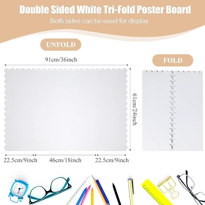 72 Pcs 24 x 36 Inch Trifold Poster Display Boards White for Science Fair Presentation Projects Photo Exhibition Display Tri fold Board Foldable Paperboard for School Supplies Bulk Business
