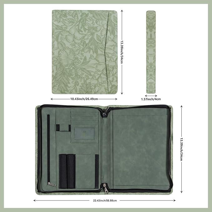 Calfinder Vegan Leather Portfolio with Zipper, Professional Business Padfolio with A4 Writing Pad Holder, Green Christmas Gifts, Resume Folder for Men and Women (Light Green, Customized)
