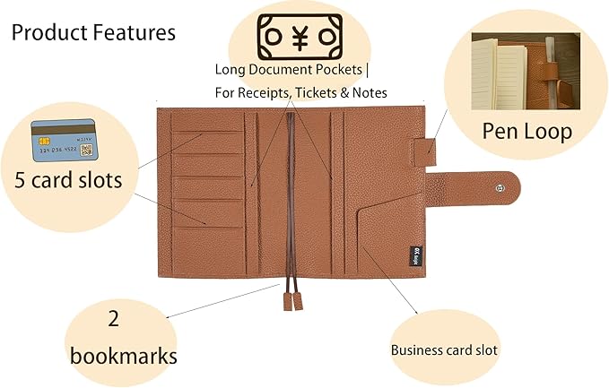 A6 Genuine Leather Techo Notebook Cover Compatible with Hobonichi Original Stalogy Midori MD with 5 Card Slots Pen Loop Bookmarks Back Pocket