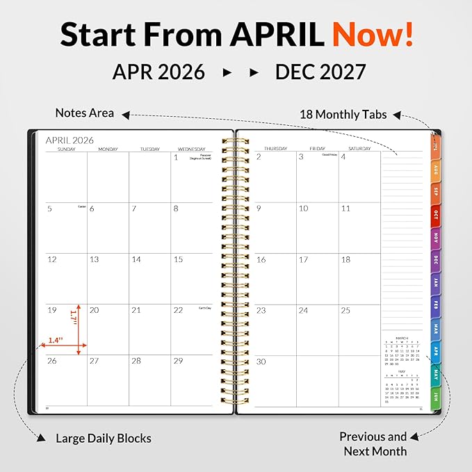 SUNEE Monthly Planner 2026-2027 - 18 Months Calendar Planner from Jul 2026 to Dec 2027, 7"x10" Yearly Planner with Tabs, Spiral Binding, Organizer for School Office Home, Black