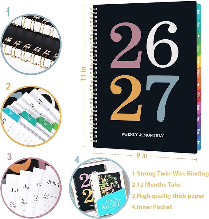 2026-2027 Planner - Planner 2026-2027 Weekly and Monthly, Jul. 2026 – Jun. 2027, 8.5" x 11", Academic Weekly and Monthly Planner with 12 Tabs,Thick Paper, Twin-Wire Binding, Back Pocket