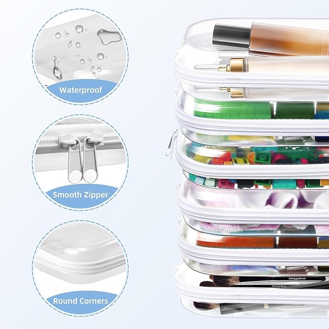 6PCS Clear Hard Shell Zippered Case,Professional-Plastic Clear Zipper Pencil Case,Small Double Zippered Toy Storage Organizer Bags for Craft,Toiletry Zipper Pouch,Travel Organizer,Cosmetic Bag