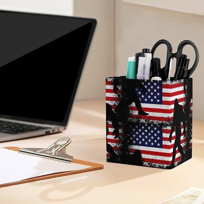 Holder Cup Makeup Brush Storage Organizer, Waterproof Multifunctional Office Supplies, Pen Holder Square Leather Pencil Sasquatch American Flag