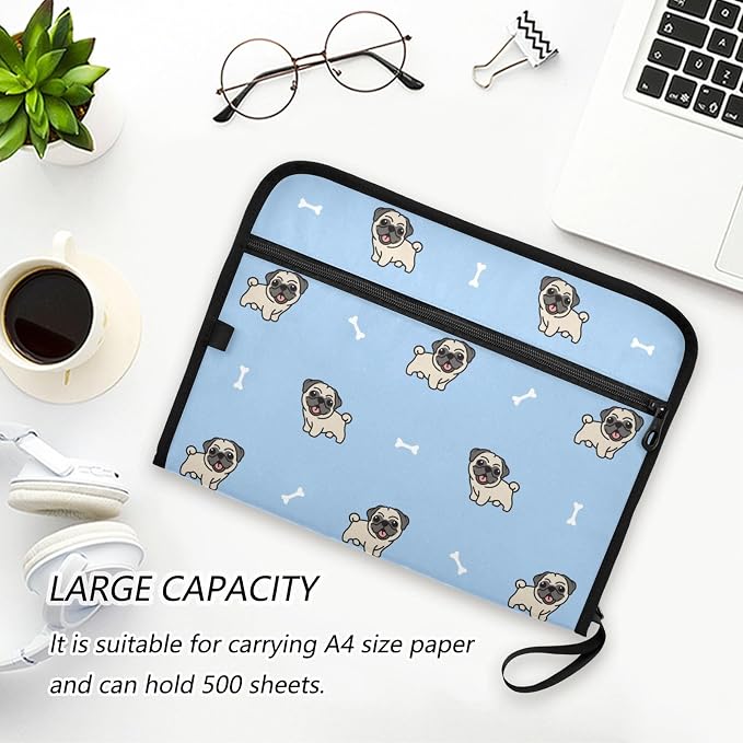 Cute Pug Dogs Cartoon File Folders,Plastic Folders with 13 Pockets,Expandable File Folder for Documents School Students Office,Aesthetic Folder with Labels A4 Letter Size
