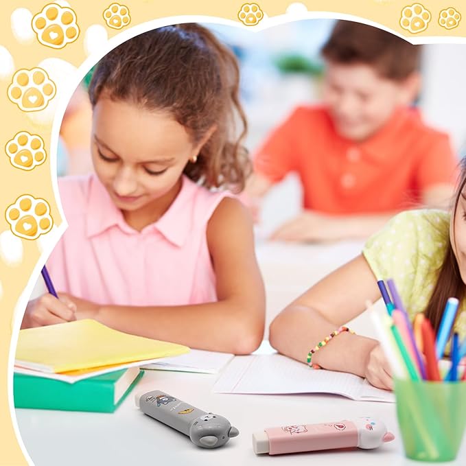 Benvo 4 Pcs Sliding Retractable Pencil Erasers with Cute Cat Plastic Sleeve Kawaii Erasers for School Home Office Clean Erase Rubber(4 Colors)